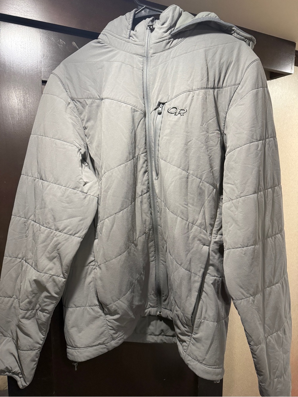 Outdoor Research Light Gray Quilted Hooded Puffer Jacket